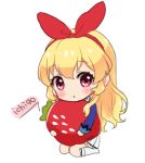  1girl aikatsu! artist_name bangs blonde_hair blush character_name chibi eyebrows_visible_through_hair food fruit hair_between_eyes hair_ribbon hairband hoshimiya_ichigo kneehighs long_hair long_sleeves looking_at_viewer no_shoes nuno_(pppompon) object_hug object_namesake oversized_object parted_lips pleated_skirt red_hairband red_ribbon ribbon sitting skirt solo strawberry very_long_hair violet_eyes wariza white_background white_legwear white_skirt 