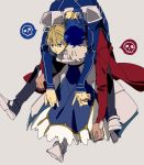  1girl 2boys ahoge archer armor armored_boots armored_dress artoria_pendragon_(all) blonde_hair blue_eyes blue_hair boots carrying dark_skin dark_skinned_male fate/stay_night fate_(series) hirarego lancer long_sleeves multiple_boys open_mouth piggyback saber spoken_skull white_hair 