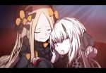  2girls abigail_williams_(fate/grand_order) bangs black_bow black_dress black_hat blonde_hair blood blood_from_mouth bow closed_eyes closed_mouth crying dress eyebrows_visible_through_hair fate/grand_order fate_(series) forehead hair_between_eyes hair_bow hat horn lavinia_whateley_(fate/grand_order) long_hair long_sleeves multiple_girls orange_bow parted_bangs polka_dot polka_dot_bow sketch sleeves_past_fingers sleeves_past_wrists tears very_long_hair wadakazu white_hair 