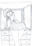  1girl :d anger_vein ass bent_over blouse blush bow chest_of_drawers commentary commentary_request feet_out_of_frame flower frilled_sleeves frills graphite_(medium) greyscale hand_on_hip headwear_removed highres juliet_sleeves legs long_sleeves looking_at_viewer mahiro_(akino-suisen) medium_hair miniskirt mirror monochrome open_mouth puffy_sleeves shiki_eiki shoes skirt smile solo touhou traditional_media voyeurism 