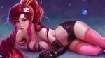  1girl bikini_top elbow_gloves flame_print glasses gloves hair_ornament hairpin highres lying navel olga_narhova on_side open_fly parted_lips pink_hair pink_legwear redhead short_shorts shorts solo stomach tengen_toppa_gurren_lagann thigh-highs yoko_littner 