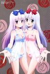  2girls absurdres airi_(alice_or_alice) alice_or_alice arm_scrunchie babydoll blue_babydoll blue_bow blue_panties blue_scrunchie blush bow bow_panties breasts cleavage green_eyes hair_bow highres kuwabara_naoko lavender_hair lingerie long_hair looking_at_viewer megami multiple_girls official_art panties patterned_background pink_babydoll pink_bow pink_panties pink_scrunchie red_bow rise_(alice_or_alice) silver_hair smile standing underwear underwear_only violet_eyes 