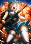  1girl :d ahoge ak-47 assault_rifle belt blonde_hair blood blood_splatter bloody_clothes blue_eyes blue_skirt boots breasts camouflage_helmet commentary_request dennou_shoujo_youtuber_shiro elbow_pads explosion fingerless_gloves gloves gun handgun helmet highres holster imizu_(nitro_unknown) knee_pads light medium_breasts open_mouth partly_fingerless_gloves pistol plaid plaid_skirt pleated_skirt pouch rifle shiro_(dennou_shoujo_youtuber_shiro) shirt short_hair skindentation skirt sky sleeveless sleeveless_shirt smile solo star star-shaped_pupils symbol-shaped_pupils thigh-highs weapon white_hair zettai_ryouiki 