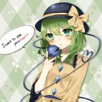  1girl :o abe_suke argyle argyle_background bent_elbow black_hat bow buttons collar collared_shirt commentary_request english eyeball eyebrows_visible_through_hair flower frilled_collar frills green_eyes green_hair hat hat_bow heart heart_of_string komeiji_koishi looking_at_viewer medium_hair shirt solo speech_bubble third_eye touhou upper_body v yellow_bow yellow_shirt 