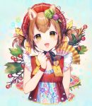  1girl 2018 :3 :d animal_ears arm_at_side bangs blush bow bowtie brown_eyes brown_hair commentary_request cropped_torso dog_ears eye_reflection eyebrows_visible_through_hair fan flower folding_fan green_flower hair_flower hair_ornament hand_up happy_new_year head_tilt looking_at_viewer momoshiki_tsubaki nengajou new_year open_mouth original paw_print print_neckwear purple_flower red_shirt reflection revision shirt sleeveless sleeveless_shirt smile solo teal_background thick_eyebrows wristband year_of_the_dog yellow_neckwear 