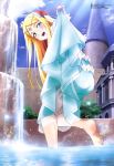  1girl absurdres bare_legs blonde_hair blue_dress blue_sky blush castle clouds dress dress_lift flower flower_ornament fountain highres long_hair looking_at_viewer megami morishita_yuuki official_art open_mouth outdoors overlord_(maruyama) renner_thiere_chardelon_ryle_vaisef sky smile solo white_flower 