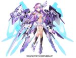  1girl bangs blue_eyes breasts commentary company_connection copyright_name eyebrows_visible_through_hair full_body hair_ornament holding holding_weapon large_breasts long_hair nepgear nepnep_connect:_chaos_chanpuru neptune_(series) purple_hair purple_sister simple_background solo tsunako weapon white_background wings 