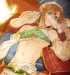  1boy blue_eyes bridal_gauntlets brown_hair crossdressinging earrings gerudo_link jewelry link looking_at_viewer lying mtfy navel on_back pillow pointy_ears solo stomach the_legend_of_zelda the_legend_of_zelda:_breath_of_the_wild trap upper_body veil 