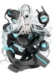  1girl alternate_costume bangs bare_arms bare_shoulders blue_eyes blue_fire bxr cannon choker crossover dark_persona eyebrows_visible_through_hair fire gloves glowing glowing_eyes hair_between_eyes hatsune_miku head_tilt headphones kantai_collection long_hair looking_at_viewer parted_lips shinkaisei-kan silver_hair simple_background sitting sketch solo teeth twintails v_arms very_long_hair vocaloid white_background white_skin 