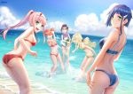  5girls ass beach bikini blue_bikini blue_hair blurry breasts butt_crack clouds cloudy_sky darling_in_the_franxx day depth_of_field glasses green_eyes highres ichigo_(darling_in_the_franxx) looking_back miku_(darling_in_the_franxx) multiple_girls outdoors pink_hair red_bikini sideboob sky smile splashing swimsuit zero_two_(darling_in_the_franxx) 