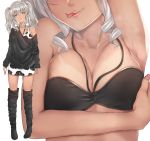  1girl :p alternate_costume arm_up armpits black_bra blue_eyes bra breasts casual cleavage ganguro gyaru irohakaede kantai_collection kashima_(kantai_collection) large_breasts long_hair silver_hair solo sweat tan tanline tongue tongue_out tsurime twintails underwear wavy_hair 