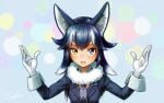  1girl animal_ears arms_up artist_name bangs black_hair black_jacket blue_eyes blush breasts commentary_request cowboy_shot fangs gloves grey_neckwear grey_wolf_(kemono_friends) hair_between_eyes heterochromia jacket kemono_friends long_hair long_sleeves looking_at_viewer multicolored_hair necktie simple_background sleeve_cuffs solo welt_(kinsei_koutenkyoku) white_gloves wolf wolf_ears yellow_eyes 