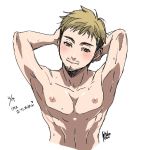  1boy arms_behind_head blonde_hair christophe_giacometti cropped_torso dated facial_hair green_eyes male_focus mouri nipples shirtless smile toned toned_male yuri!!!_on_ice 