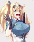  1girl blonde_hair blue_eyes blue_shirt breast_pocket breasts crying crying_with_eyes_open gambier_bay_(kantai_collection) gloves hair_between_eyes highres kantai_collection large_breasts long_hair multicolored multicolored_clothes multicolored_gloves open_mouth pocket shirt short_sleeves solo sutaa_dasuto-kun tears twintails upper_body w_arms 