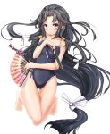  1girl akino_coto black_hair blue_eyes blush collarbone fan highres long_hair looking_at_viewer official_art one-piece_swimsuit original school_swimsuit solo swimsuit transparent_background 