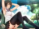  1girl armpits arms_behind_head arms_up black_legwear blue_eyes breasts brown_hair clouds cloudy_sky highres light_rays long_hair medium_breasts original porch sideboob sky solo summer thigh-highs umiharu 