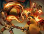  blaziken blue_eyes breathing_fire byte_(grunty-hag1) charizard clenched_hands closed_mouth commentary commentary_request creature dragon fiery_hair fire infernape looking_at_another looking_away no_humans outstretched_arms pokemon pokemon_(creature) pokemon_(game) pokemon_dppt pokemon_gsc pokemon_rgby pokemon_rse red_eyes smile standing typhlosion wings 