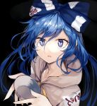  1girl black_background blue_bow blue_eyes blue_hair bow commentary_request cup debt eyebrows_visible_through_hair grey_hoodie hair_bow holding holding_cup kasuka_(kusuki) long_hair looking_at_viewer parted_lips simple_background solo touhou upper_body yorigami_shion 