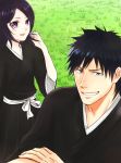  1boy 1girl :d black_hair black_kimono bleach blue_eyes commentary commentary_request crossed_arms grass hair_between_eyes happy highres japanese_clothes kimono kuchiki_rukia looking_at_viewer medium_hair okome_(haku_maimai) open_mouth outdoors shiba_kaien smile violet_eyes 