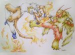  battle blaziken claws clenched_hands commentary commission endivinity eye_contact fire grey_background infernape jumping kicking looking_at_another no_humans open_mouth pokemon pokemon_(creature) pokemon_(game) pokemon_dppt pokemon_rse realistic sharp_teeth signature simple_background standing standing_on_one_leg tail teeth traditional_media 