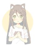  1girl :o animal_ears bangs bare_shoulders blush brown_hair cat_ears commentary eyebrows_visible_through_hair green_eyes hair_between_eyes long_hair looking_at_viewer meito_(maze) off_shoulder original own_hands_together parted_lips shirt short_sleeves sketch solo upper_body very_long_hair white_background white_shirt 