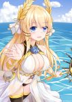  1girl absurdres artist_name azur_lane black_legwear black_panties blonde_hair blue_eyes blush breasts chains cleavage clouds commentary_request cowboy_shot day eyebrows_visible_through_hair flower_ornament hair_ornament hair_ribbon highres holding holding_staff large_breasts laurel_crown long_hair ocean outdoors outstretched_hand panties ribbon rigging sky solo staff standing standing_on_liquid thigh-highs turret underwear veil very_long_hair victorious_(azur_lane) watchdog_rol_(y1104280730) wrist_ribbon 