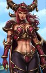 1girl abs absurdres alexstrasza armlet armor artist_name bikini_armor breasts cape choker cleavage dandon_fuga eyebrows gauntlets headgear highres horn_ornament horns large_breasts long_eyebrows long_hair looking_at_viewer midriff navel orange_eyes paid_reward pantyhose patreon_reward pauldrons pointy_ears red_lips redhead solo warcraft world_of_warcraft 