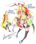  1girl 2009 2016 ahoge animal_ears armband black_legwear blonde_hair blush bongfill book comparison eyebrows_visible_through_hair fake_animal_ears hairband highres holding holding_book long_hair looking_at_viewer necktie open_mouth original pocket_watch rabbit_ears red_eyes red_neckwear signature smile teeth thigh-highs tie_clip watch 