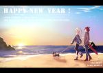  2girls animal_ears beach black_legwear boots brown_hair cat_ears cat_tail closed_eyes dated day dog facial_mark final_fantasy final_fantasy_xiv happy_new_year leash lili_mdoki long_hair looking_at_another miqo&#039;te multiple_girls new_year ocean open_mouth scarf short_hair shorts sky sunset tail walking white_hair 