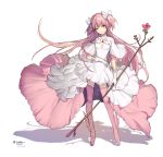  boots dress flower goddess_madoka highres invalee kaname_madoka long_hair mahou_shoujo_madoka_magica pink_footwear pink_hair rose shadow simple_background thigh-highs thigh_boots twintails very_long_hair white_dress winged_boots yellow_eyes 
