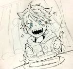  1boy akuno_hideo&#039;s_brother blue_eyes clenched_hands colored_pencil_(medium) curtains drooling dutch_angle food fork graphite_(medium) highres hood hoodie idolmaster idolmaster_side-m male_focus open_mouth pancake plate pointy_hair saliva sharp_teeth sitting smile solo teeth traditional_media 