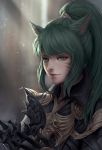  1girl animal_ears artist_name bangs cat_ears chuby_mi closed_mouth eyelashes facial_mark final_fantasy final_fantasy_xiv freckles gloves green_eyes green_hair highres lips long_hair md5_mismatch miqo&#039;te ponytail slit_pupils solo upper_body 