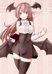  &gt;:o 1girl :o bat_wings black_dress black_legwear blush book breasts collared_shirt covered_navel cowboy_shot dress dress_shirt head_wings holding holding_book jyaoh0731 koakuma long_hair long_sleeves looking_at_viewer low_wings muted_color pink_background red_eyes redhead shirt simple_background solo taut_clothes taut_dress thigh-highs touhou underbust v-shaped_eyebrows white_shirt wings zettai_ryouiki 