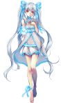  1girl artist_request bare_arms bare_legs barefoot bow bowtie dress exist_archive hair_ribbon layered_dress long_hair looking_at_viewer navel official_art pink_eyes ribbon silver_hair sleeveless sleeveless_dress solo tsukidate_mayura twintails very_long_hair white_dress 