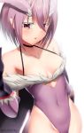  1girl antennae bare_shoulders blurry_foreground breasts choker cleavage collarbone elbow_gloves fur_trim gloves hair_between_eyes highleg highleg_leotard highres kaafi leotard looking_at_viewer mayu_(kaafi) moth_girl original pointy_ears purple_hair red_eyes short_hair simple_background small_breasts solo 