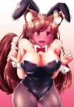  1girl @_@ animal_ears bare_shoulders black_leotard bow bowtie breasts bunny_girl bunnysuit cleavage collarbone covered_navel detached_collar fake_animal_ears fishnet_pantyhose fishnets gradient gradient_background high_heels highres imaizumi_kagerou large_breasts leotard long_hair looking_at_viewer open_mouth pantyhose rabbit_ears red_eyes solo sotomichi strapless strapless_leotard tail touhou trembling wavy_mouth wolf_ears wolf_tail wrist_cuffs 