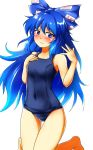  1girl blue_bow blue_eyes blue_hair blue_swimsuit blush bow breasts d-m_(dii_emu) hair_bow highres long_hair looking_at_viewer one-piece_swimsuit school_swimsuit small_breasts smile solo swimsuit touhou yorigami_shion 