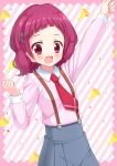  1girl :d arm_up blush collared_shirt commentary_request diagonal-striped_background diagonal_stripes grey_skirt hair_ornament hinata_keiichi hugtto!_precure l&#039;avenir_academy_school_uniform long_sleeves looking_at_viewer necktie nono_hana open_mouth outstretched_arm pink_shirt pleated_skirt precure purple_hair red_neckwear revision shirt skirt smile solo suspender_skirt suspenders violet_eyes x_hair_ornament 
