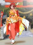  1girl commentary_request graphite_(medium) hino_akane_(smile_precure!) japanese_clothes kimono medium_hair millipen_(medium) onnaski precure red_eyes redhead smile_precure! solo traditional_media 
