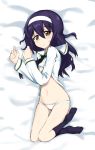  1girl bangs bed_sheet black_hair black_neckwear blouse brown_eyes closed_mouth eyebrows_visible_through_hair fankupl frown full_body girls_und_panzer hairband highres long_hair long_sleeves looking_at_viewer lying navel neckerchief no_pants on_back on_bed on_side ooarai_school_uniform panties reizei_mako school_uniform serafuku shirt_lift solo thigh_gap underwear white_blouse white_hairband white_panties 