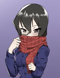  1girl bangs black-framed_eyewear black_eyes black_hair blue_background blue_coat commentary covered_mouth eyebrows_visible_through_hair fankupl girls_und_panzer gradient gradient_background highres kawashima_momo looking_at_viewer monocle red_scarf scarf semi-rimless_eyewear short_hair solo standing under-rim_eyewear upper_body winter_clothes 