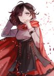  1girl cape corset ecru grey_eyes holding_head petals redhead ruby_rose rwby solo twitter_username 