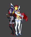  2girls breasts commentary_request cosplay frown green_eyes grey_skin gyosone hand_on_hip height_difference junketsu kill_la_kill kiryuuin_satsuki kiryuuin_satsuki_(cosplay) looking_at_viewer matoi_ryuuko matoi_ryuuko_(cosplay) multicolored_hair multiple_girls navel pout purple_hair raven_(dc) reading redhead senketsu short_eyebrows small_breasts solid_eyes starfire sword teen_titans thigh-highs two-tone_hair violet_eyes weapon yellow_skin 
