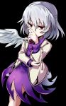  1girl arm_rest bangs black_background brown_jacket commentary_request covering_mouth dress eyebrows_visible_through_hair feathered_wings feet_out_of_frame hair_between_eyes hand_over_own_mouth highres jacket jitome kishin_sagume long_sleeves looking_at_viewer manarou open_clothes open_jacket purple_dress red_eyes short_hair silver_hair simple_background single_wing solo standing touhou wings 