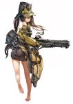  1girl ass barefoot brown_hair feet gun hat highres holding holding_gun holding_weapon long_hair looking_at_viewer mechanical_arm nihoshi_(bipedal_s) original rifle soles toes twintails weapon 