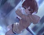  ahoge bike_shorts brown_eyes brown_hair hood hooded_jacket hoodie jacket klllk linne rain short_hair shorts sword under_night_in-birth weapon 