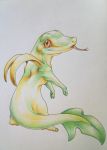  claws closed_mouth commentary commission endivinity full_body green_skin grey_background looking_at_viewer no_humans orange_eyes pokemon pokemon_(creature) pokemon_(game) pokemon_bw realistic simple_background smile snivy solo standing tongue tongue_out traditional_media 