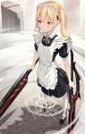  1girl apron blonde_hair closed_mouth dual_wielding frilled_apron frills glowing glowing_eyes highres kimura_(ykimu) long_hair maid maid_headdress original pantyhose red_eyes solo standing sword twintails weapon white_legwear 