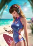 1girl animal_print bangs beach blizzard_(company) blue_bodysuit blurry blurry_background bodysuit breasts brown_hair bunny_print covered_navel d.va_(overwatch) dated day facepaint facial_mark fangzhou_he from_side halterneck headphones highres holding lens_flare long_hair looking_down mercy_(overwatch) overwatch pharah_(overwatch) ribbed_bodysuit sand shiny signature skin_tight smartphone_case standing surfboard swimsuit water wet whisker_markings 