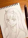  1girl bbb_(friskuser) darling_in_the_franxx eyeshadow graphite_(medium) greyscale hair_over_breasts hairband highres horns looking_at_viewer makeup monochrome smile solo straight_hair traditional_media white_hairband zero_two_(darling_in_the_franxx) 